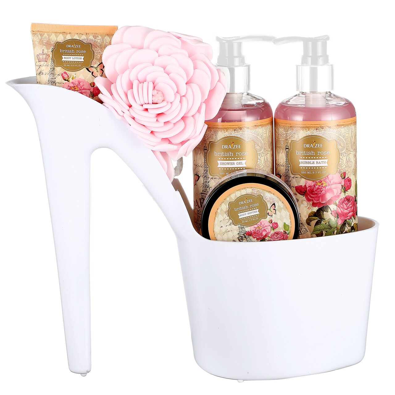 Draizee Rose Scented Spa Gift Set High Heel Bath Essentials Shower Gel Lotion